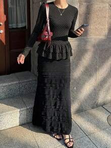 FRIFUL Women's Casual Polka Dot Print Ruffle Hem Long Sleeve Top, Autumn - Black - View 3