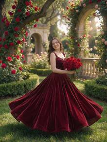 SHEIN MOD 大码复古酒红色丝绒亮片无袖连衣裙，完美适用于正式派对、圣诞节装扮以及春夏穿着。中长款连衣裙，适合约会穿着。 - 酒紅色 - 查看 7