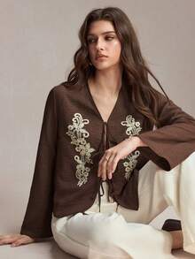 BizChic New Spring/Summer V-Neck Front-Open Tie-Waist Bow Lace Trim Flared Cuff Coffee Shirt, Versatile For Office, Commute, Business, Social Occasions, Y2K Style - Coffee Brown - View 6