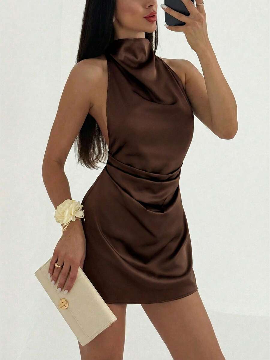 Aloruh 极简露背系带褶皱杏色迷你连衣裙(女款) - 棕色 - 查看 1