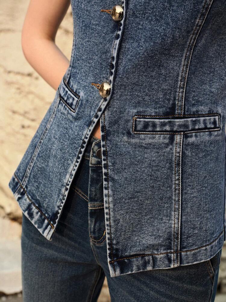 FITTED DENIM VEST WITH FRONT BUTTONS, SPRING/SUMMER