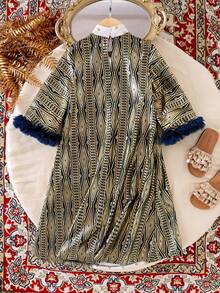 Youth Girls Royal Blue Vacation Dress Long Length A Line With Geometric Pattern Three Quarter Sleeves Notched Neck And Button Front - Royal Blue - View 2