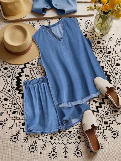 EMERY ROSE Plus Size Women Summer Casual Vacation Daily Commute Notched Neck Loose Tank Top And Paper Bag Waist Denim Shorts 2 Piece Set