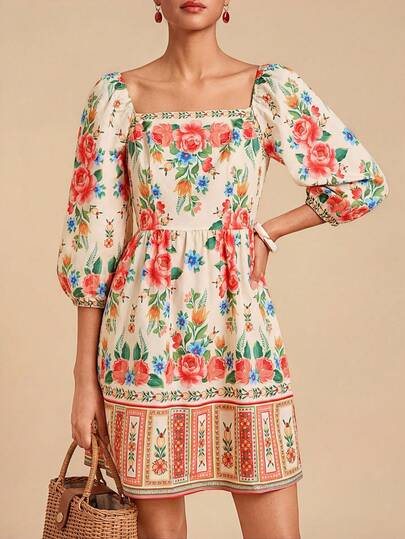 Travachic Floral Print Lantern Sleeve Romantic Vacation Dress,Carnival, Spring To Summer, Valentine's Day, Carnival Costume, Elegant Dresses For Party, Beach Outfits, Wedding Guest Dresses, Summer Vacation Outfits,  Floral Dress, Casual Dress