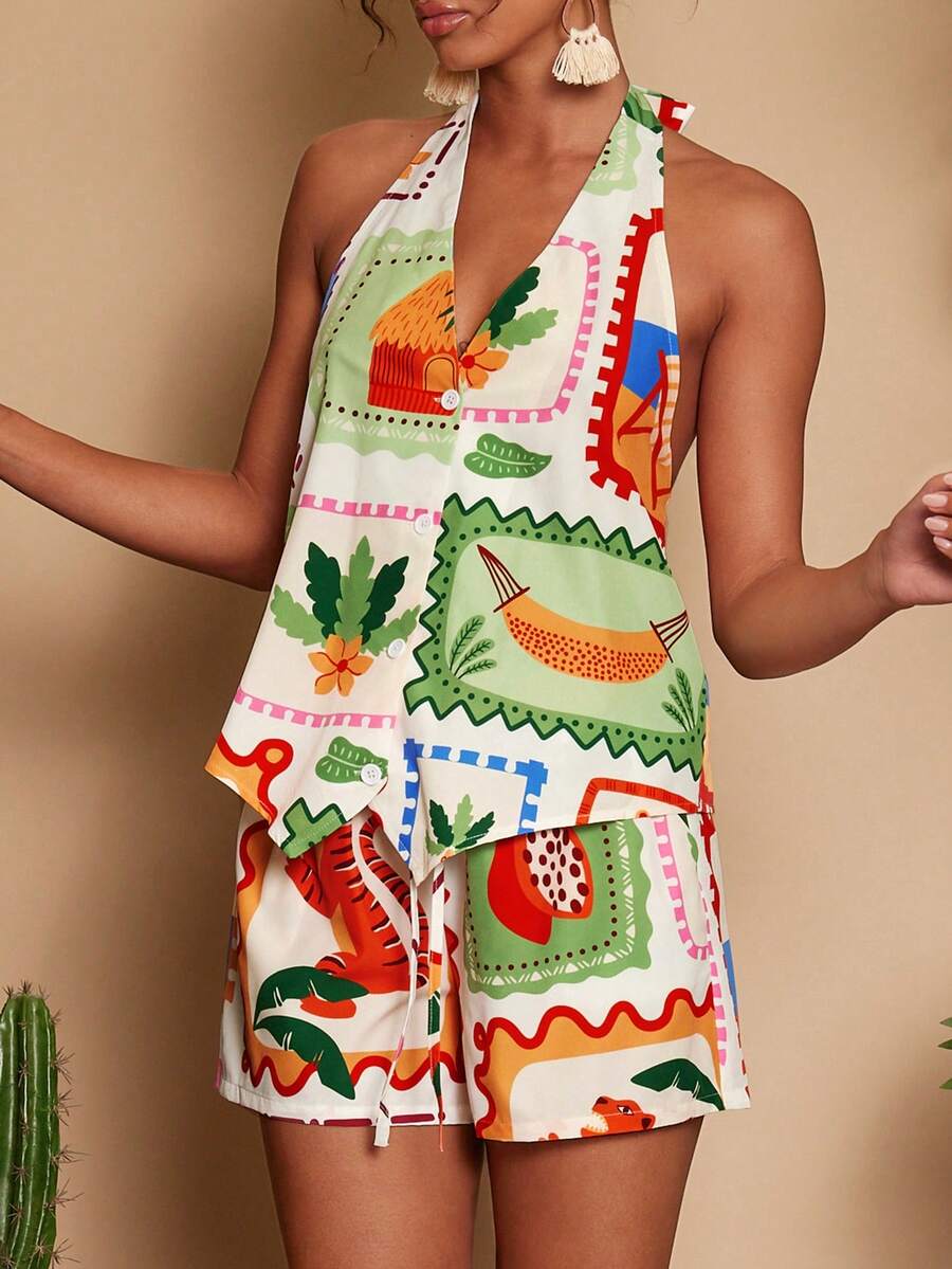 Travachic 2026 New Women's Halter Neck Printed Backless Tie-Up Crop Top + Shorts 2 Piece Set - Multicolor - View 1