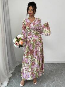 Al Najma 女士印花V领贴花长袖阿拉伯连衣裙 - 彩色 - 查看 7