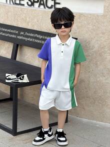SHEIN 2-Pack Young Boys' Casual Sports Retro Loose-Fitting POLO Shirt And Shorts Set,Multi-Color Stitching Japanese & Korean Style Summer Kids Outfits - White - View 10