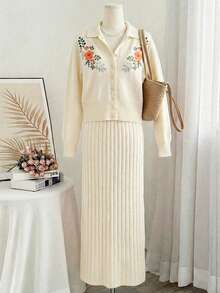 Écloséra Nuevo conjunto de punto de 2 piezas para mujer de primavera temprana, compuesto por un suéter holgado de manga larga con bordado floral en color beige y una falda maxi ajustada de canalé - Beis - Ver 7