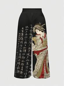 ROMWE Avant Spring/SummergraphicblackPlus Size Women's New Chinese Style Calligraphy Figure & Bamboo Forest Loose Wide-Leg Pants - Black - View 2