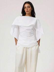 Aloruh Women's White Autumn Elegant Tea Party Round Neck Pleated Fashion Blouse Chic Casual Shirt Simple Stylish Office Modest Top Ruffled Top - White - View 3