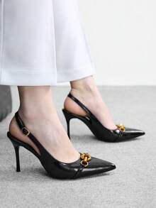 CUCCOO BIZCHIC 女士春夏金属扣装饰尖头细跟9厘米高跟鞋纯色通勤约会日常度假鞋 - 黑色油皮 - 查看 5