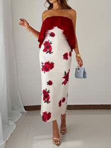 Franclia Fiery Red Floral Print Long A Line Dress For Women Elegant Sleeveless With Ruffle Asymmetrical Neck And Flared Hem Design - Fiery Red - View 4