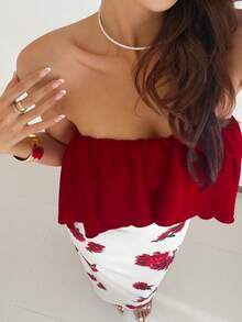 Franclia Fiery Red Floral Print Long A Line Dress For Women Elegant Sleeveless With Ruffle Asymmetrical Neck And Flared Hem Design - Fiery Red - View 7