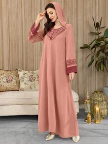 Al Najma 女士时尚优雅刺绣撞色连帽连衣裙 - 紅色 - 查看 3