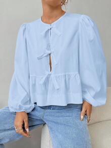 SHEIN EZwear 春夏新款雪纺女士花瓣袖蝴蝶结休闲度假衬衫 - 淺藍色 - 查看 3