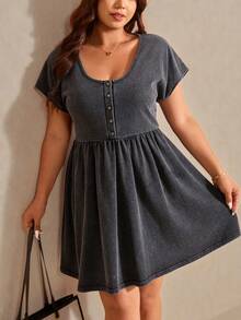 Elaquor Plus Size Women Casual Washed Short Sleeve Dress, Spring/Summer Casual Vacation Dress For Women, Summer Dresses - Black - View 4