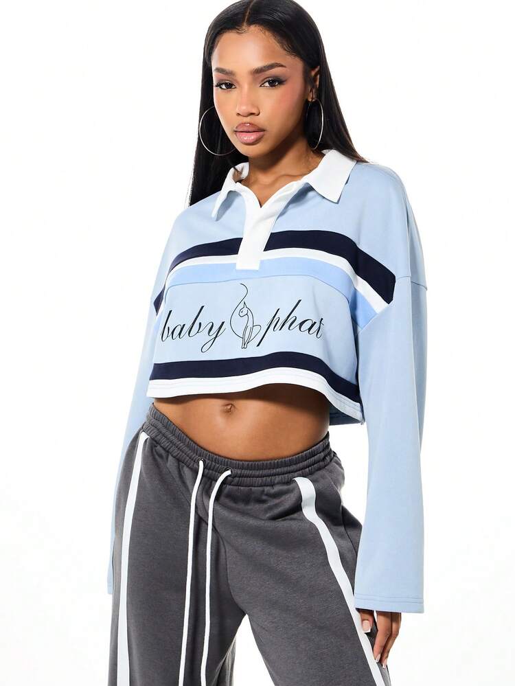 BABYPHAT Women Cropped Long Sleeve Polo Collar Rugby Style Sweatshirt With Horizontal Stripes And Chest Print Casual Pullover Top