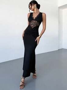 Rafferiza Elegant Lace Patchwork Dress, Black Sexy Sleeveless V-Neck Dress - Black - View 6