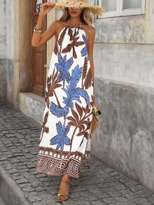 Brillora 女士露背流苏系带高开衩休闲印花沙滩度假连衣裙 - 杏色 - 查看 7