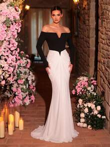 Glamrae Elegant Black And White Contrast Color Formal Evening Gown, Elastic Fabric Chiffon Ruffle Fishtail Hem Long Sleeve Wedding Guest Party Dress - Black and White - View 3