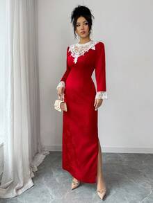 SHEIN Elenzya 传统中式复古假日红色长裙 - 紅色 - 查看 4