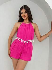 Sparklyn Ensemble 2 pièces pour adolescentes, vacances d'été. Débardeur rouge et short de couleur unie. Convient pour les vacances, les sorties et autres occasions - Rose vif - Voir 4