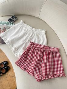 SHEIN EZwear 2 chiếc quần short nữ kẻ caro và màu trơn, thắt eo, xếp ly, kiểu dáng ngọt ngào dễ thương. - Nhiều màu - Xem 4