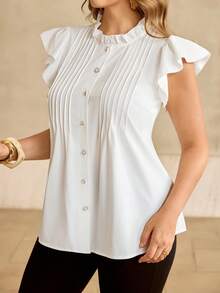 Roveilla Áo kiểu nữ cỡ lớn chất liệu chiffon, cổ bèo, kẻ sọc, tay ngắn, kiểu dáng thanh lịch, xếp ly, cổ bèo nhún, tay bồng, áo kiểu nữ sang trọng, xếp ly phía trước, áo kiểu nữ cổ bèo nhún, áo không tay bèo nhún. - trắng - Xem 6