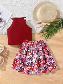 SHEIN Conjunto de chaleco de punto y falda estampada para niña, adecuado para el uso diario, actividades al aire libre, que muestra un estilo alegre y lindo - Rojo - Ver 2