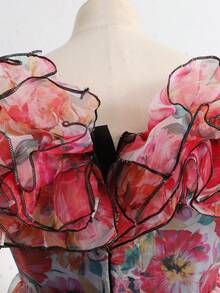 SHEIN Tween Girl Elegant Multi-Layered Ruffle Floral Print Mid-Length Dress,Kids - Multicolor - View 3