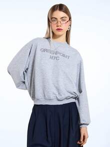 COUREZ Áo sweatshirt dáng rộng in họa tiết Green Point / Áo sweatshirt màu xám phong cách Y2K mùa xuân, trang phục thường ngày đường phố dành cho nữ, thích hợp đi học trở lại vào mùa hè. - Xám - Xem 2