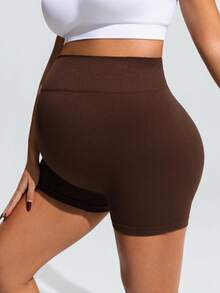 SHEIN Maternity Solid Color High Waist Lifting Sports Shorts,Word Cup - Brown - View 4