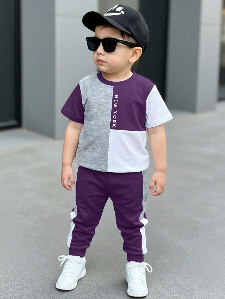 Bubblio Bộ quần áo bé trai phong cách tối giản cổ tròn tay ngắn, họa tiết phối màu cổ điển, in tên thành phố New York. - Nhiều màu - Xem 1