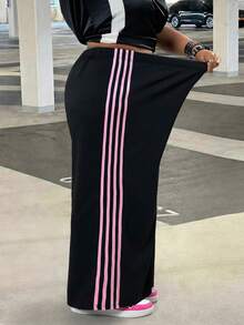 SHEIN CURVE+ Quần nỉ nữ ống rộng màu đen dệt kim kiểu dáng thường ngày - màu đen - Xem 4