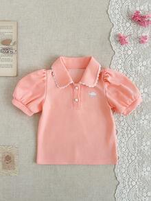 4Y-7Y Girls Casual Waffle Ruffle Collar Embroidered Camel Short Sleeve T-Shirt, Comfortable Soft Suitable For Spring/Summer Outdoor, Can Be Used As Gift - Pink - View 6