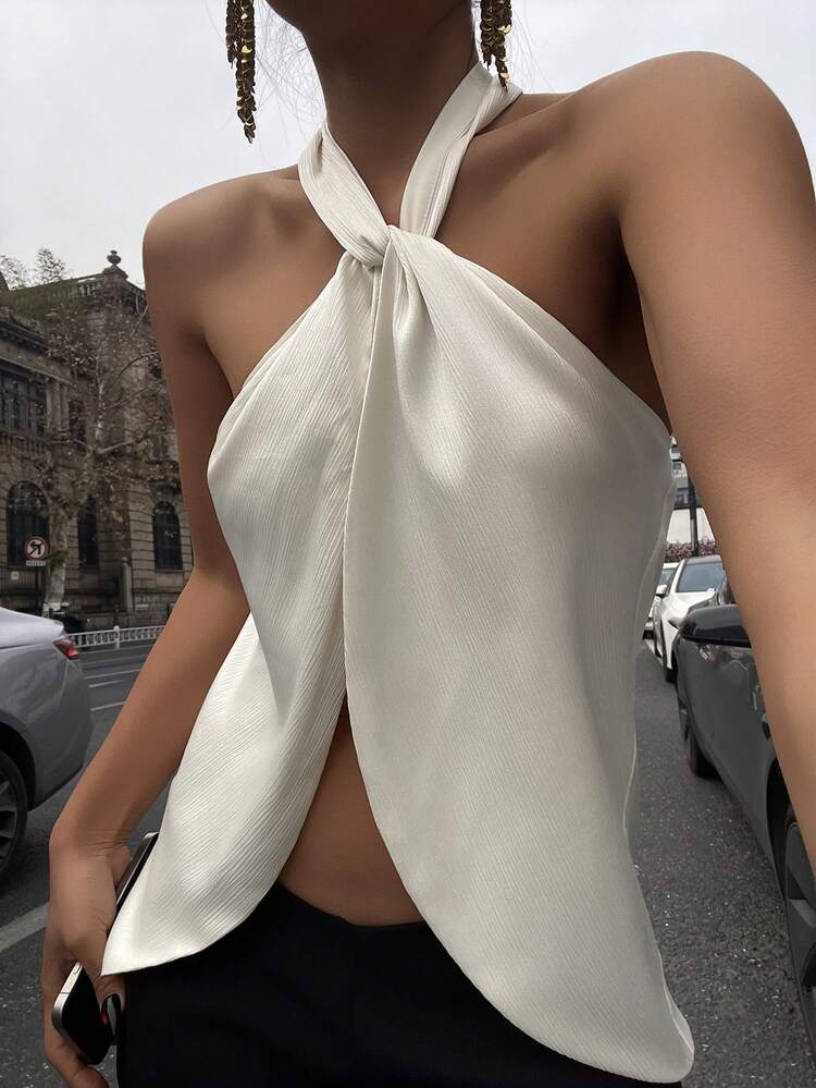 Women's Solid Color Fitted Halter Neck Open Shoulder Elegant Vacation Summer Top Crop Tops Women