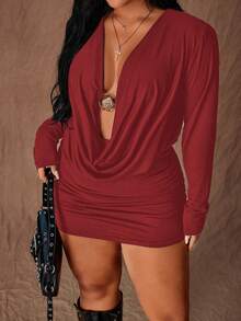 Rustia Sexy Plunging Neck Long Sleeve Stretchy Bodycon Plus Size Dress - Burgundy - View 1