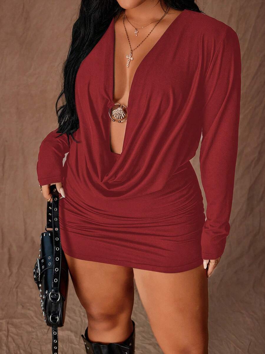 Rustia Sexy Plunging Neck Long Sleeve Stretchy Bodycon Plus Size Dress - Burgundy - View 1