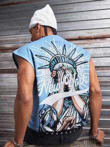 AXEPEAK Áo tank top nam mùa hè kiểu dáng vintage in hình tượng Nữ thần Tự do, dáng rộng, không tay - Màu xanh lam - Xem 9