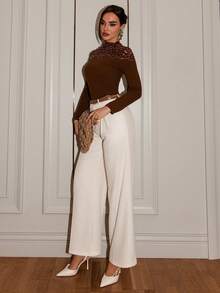 Bris Aura 优雅修身圆领蕾丝长袖女式T恤 - 棕色 - 查看 3