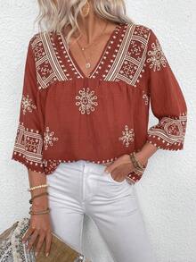 EMERY ROSE 图案 V 领休闲度假亚麻质感衬衫 - 彩色 - 查看 7