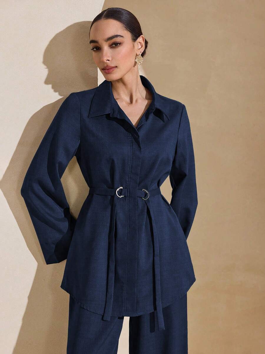 Graceveil Bộ 2 món: Áo sơ mi màu trơn, cổ áo đính kim loại và thắt lưng, kiểu dáng rộng rãi, thanh lịch dành cho nữ. - Xanh đậm - Xem 1