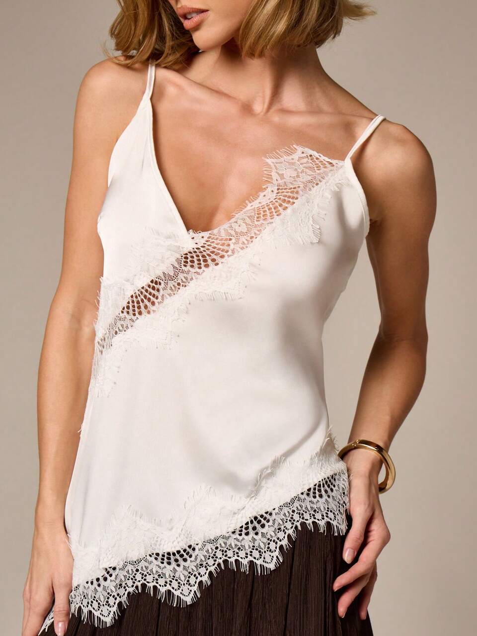 AiiRZ Asymmetrical Camisole With Diagonal Lace Panel And Eyelet Embroidered Hem Detail Summer Tank Top