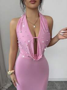 Modelyn Faux Pearl Decor Halter Neck Ruffle Back Tie Dress, Pink - Purple - View 4