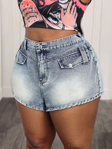 Slaydiva Quần short denim cạp cao kiểu vintage, cỡ lớn, thời trang. - Rửa nhẹ - Xem 3