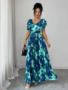 Elenzga Đầm xếp ly dáng suông, cổ chữ V, eo bèo nhún, họa tiết ombre, thích hợp cho mùa Xuân/Hè, dành cho nữ. - Nhiều màu - Xem 7