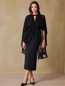 Revavyn Elegant French Style Women's Lightweight Chiffon Collar Tie Decor 2 In 1 Caped Waist Slimming Layered Ruffle Midi Dress For Dates & Parties - Black - View 2