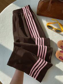 Comfortcana Plus Size Women Casual Loose Pants With Side Stripe - Brown - View 8