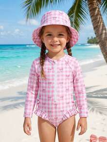 SHEIN Emery Rose Kids Girls' Butterfly Plaid Print Long Sleeve One-Piece Swimsuit Set (With Hat), Girls' Swimsuit Set, Girls' Beach Outfit, Girls' Long Sleeve Rash Guard Beach Set Suitable For Vacation, Summer Zipper Round Neck Swimsuit - Pink - View 2