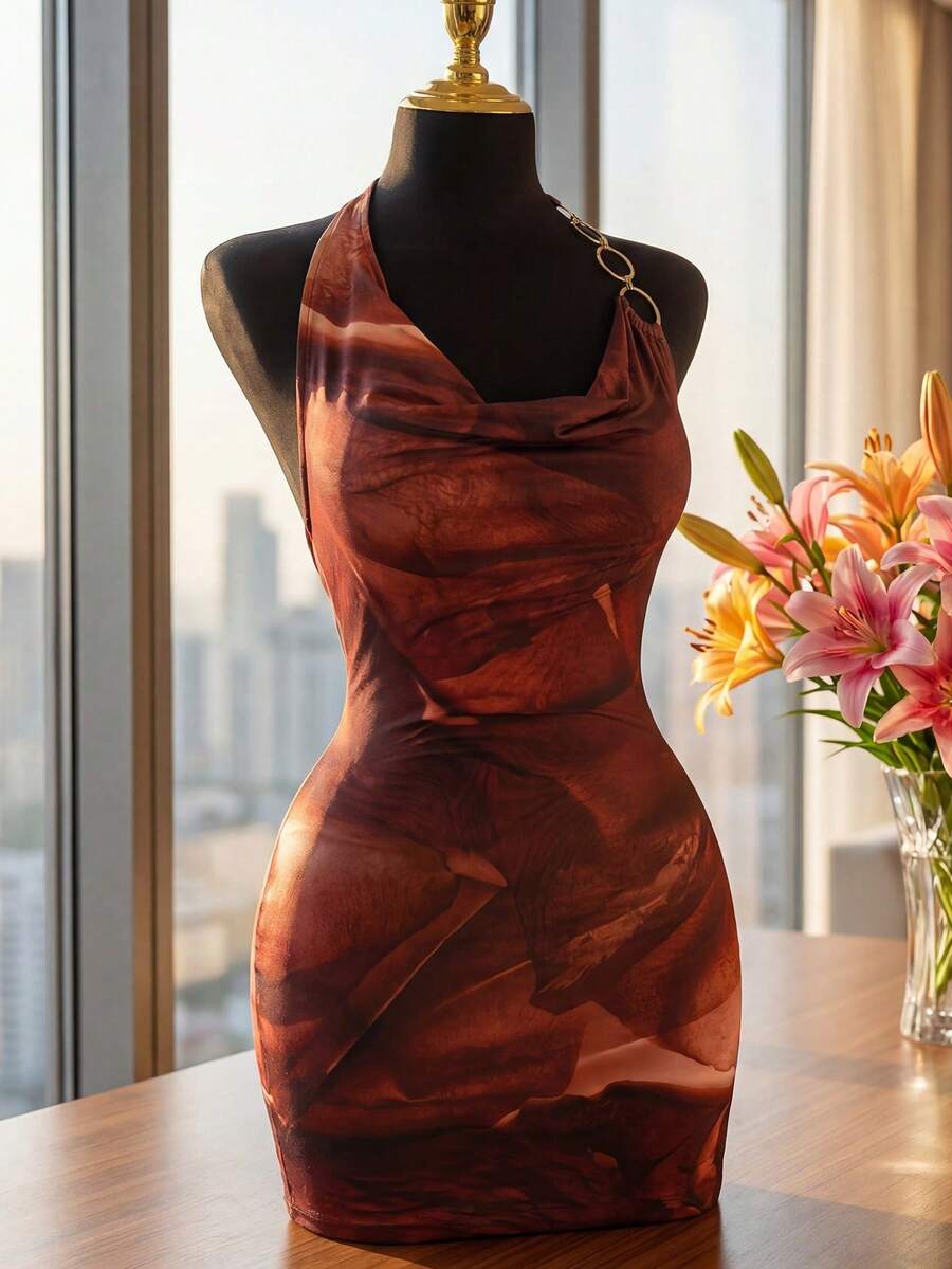 Zyxie 2026 Spring Women's Abstract Full-Print Backless Bodycon Dress, Suitable For Beach, Vacation, And Night Out Mini Dress Women Ruched Bodycon Dress Summer Dress Halter Neck Dress Vacation Dress Women Woman Resort Wear Dress Ruched Dresses For Women Zanea Dress For Woman Oil Painting Dress Draped Neck Dress Chic Dresses For Women - Multicolor - View 1